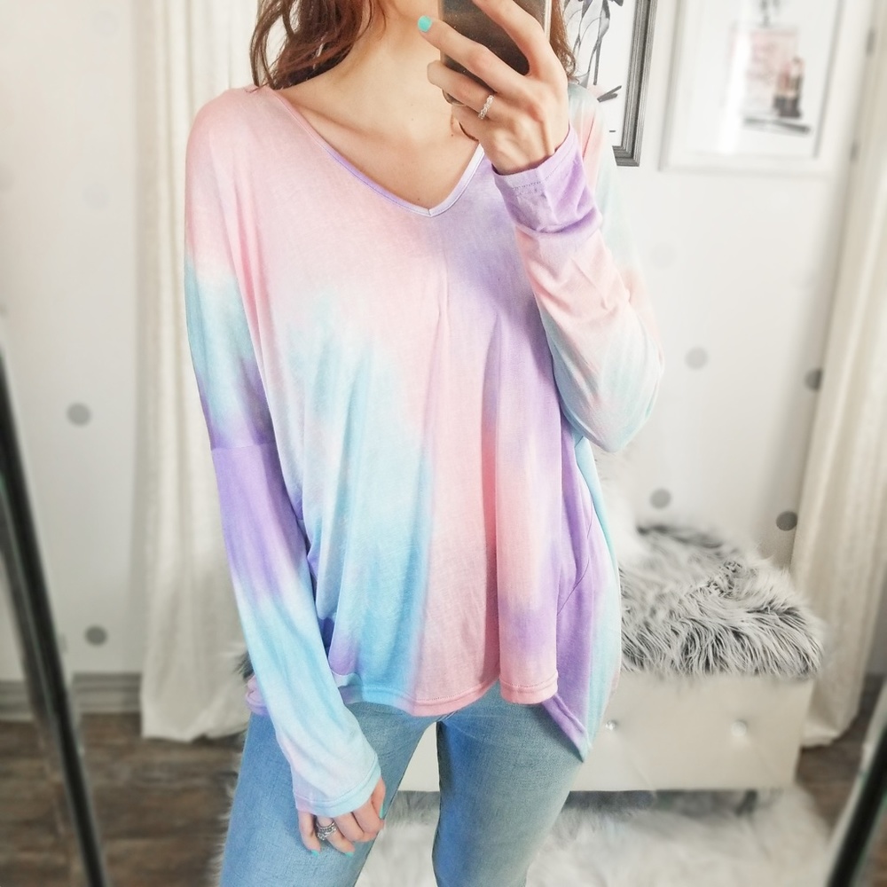 Lightweight Slub Knit Spring Top Tie Dye Dolman Top Pastel Tops - Picture 4 of 9